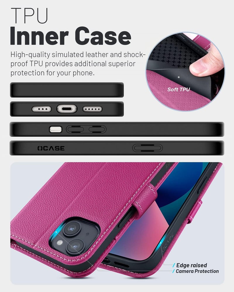 OCASE Compatible with iPhone 13 Wallet Case, PU Leather Flip Folio Case with Card Holders RFID Blocking Kickstand [Shockproof TPU Inner Shell] Phone Cover 6.1 Inch 2021 (Litchi Rose) - Image 5